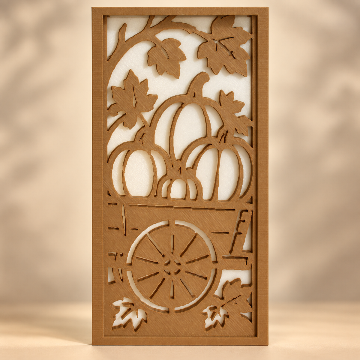 Pumpkin Wagon accessory panel with pumpkins, a wagon wheel and falling leaves in a light brown finish