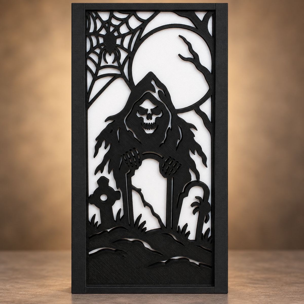 Black Graveyard Moonrise accessory panel with a hooded skeleton, tombstones, spiderweb and full moon