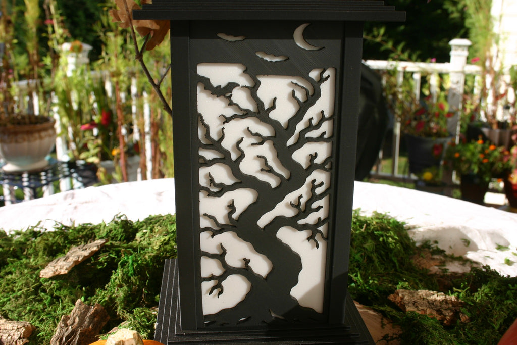 Kyoto After Dark Tree and Bats interchangeable Halloween wall panel displayed on a Kyoto Lamp
