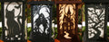 Side-by-side Kyoto Halloween panels: Black Cat & Moon, Graveyard Moonrise, Haunted House and Tree & Bats