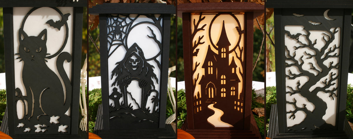 Side-by-side Kyoto Halloween panels: Black Cat & Moon, Graveyard Moonrise, Haunted House and Tree & Bats