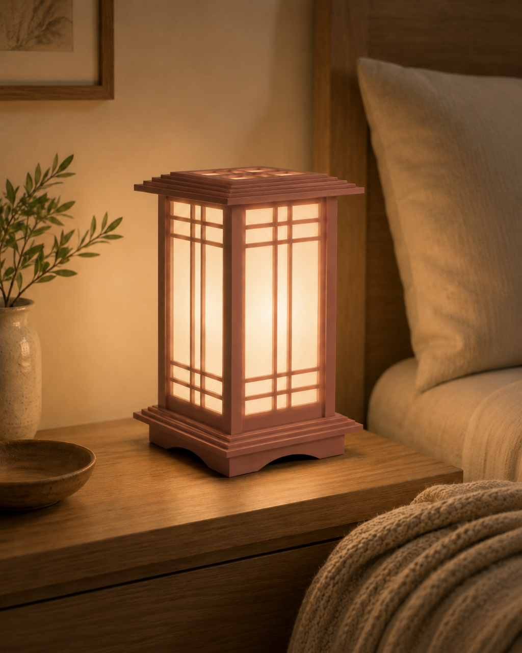 Heritage Cherry Kyoto Shoji lamp glowing warmly on a bedside table
