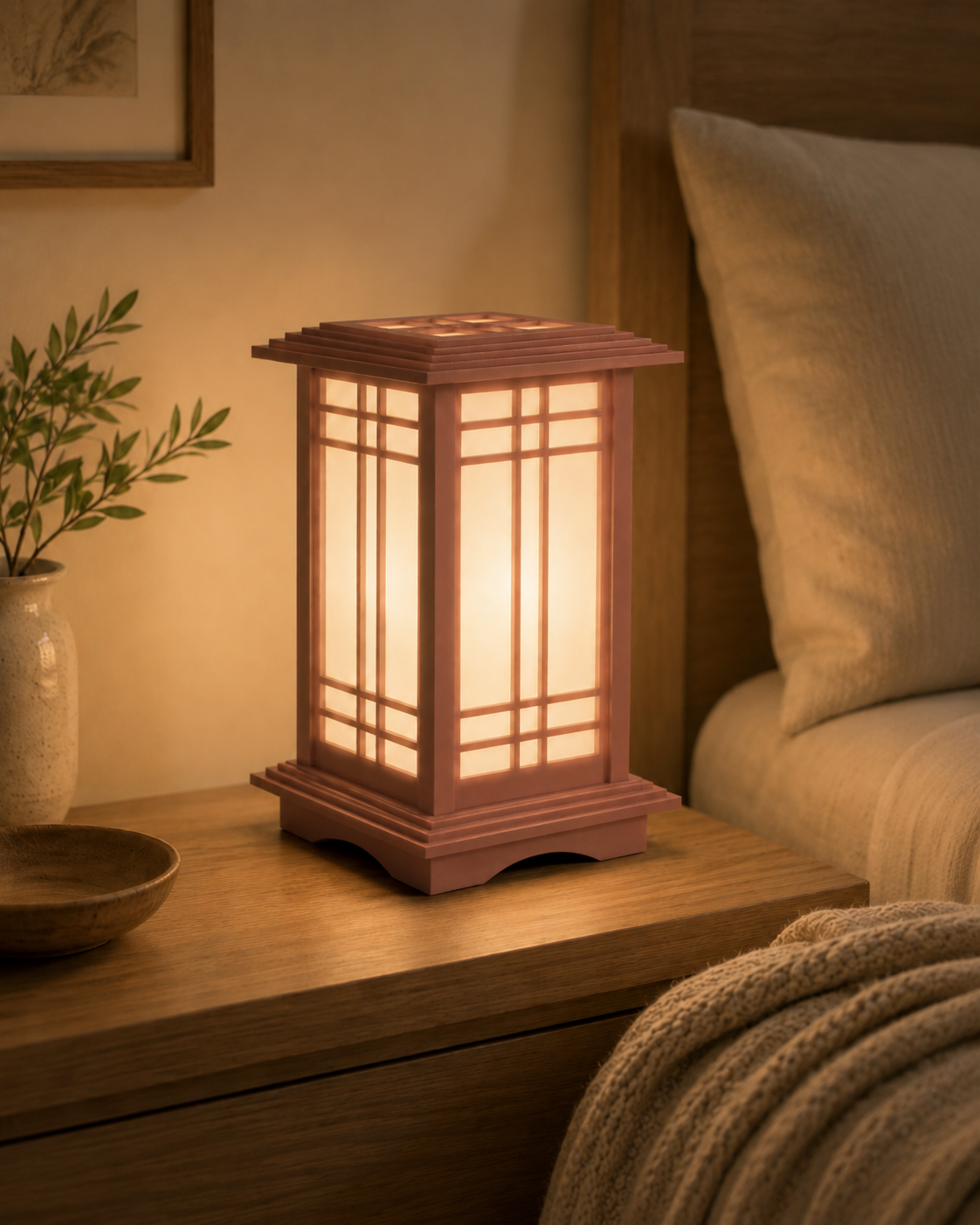 Heritage Cherry Kyoto Shoji lamp glowing warmly on a bedside table