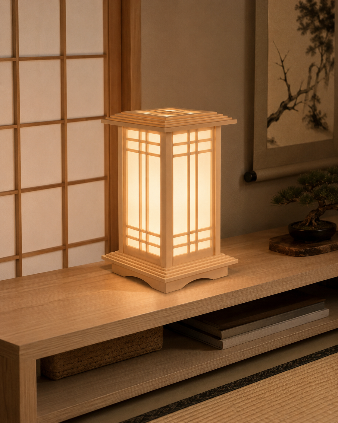Natural Maple Kyoto Shoji lamp glowing beside a shoji-style screen