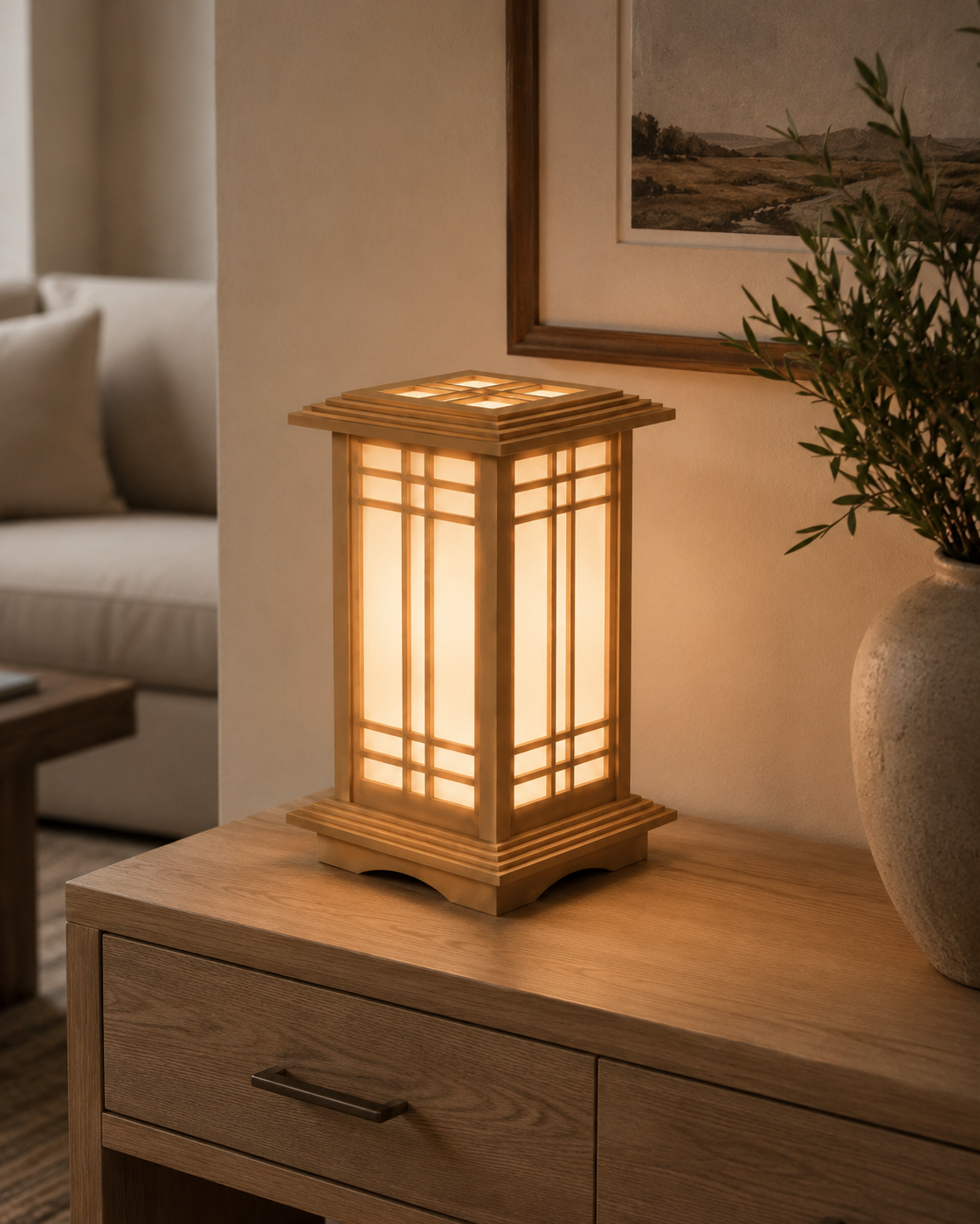 Prairie Pine Kyoto Shoji lamp glowing on a cabinet beside a vase