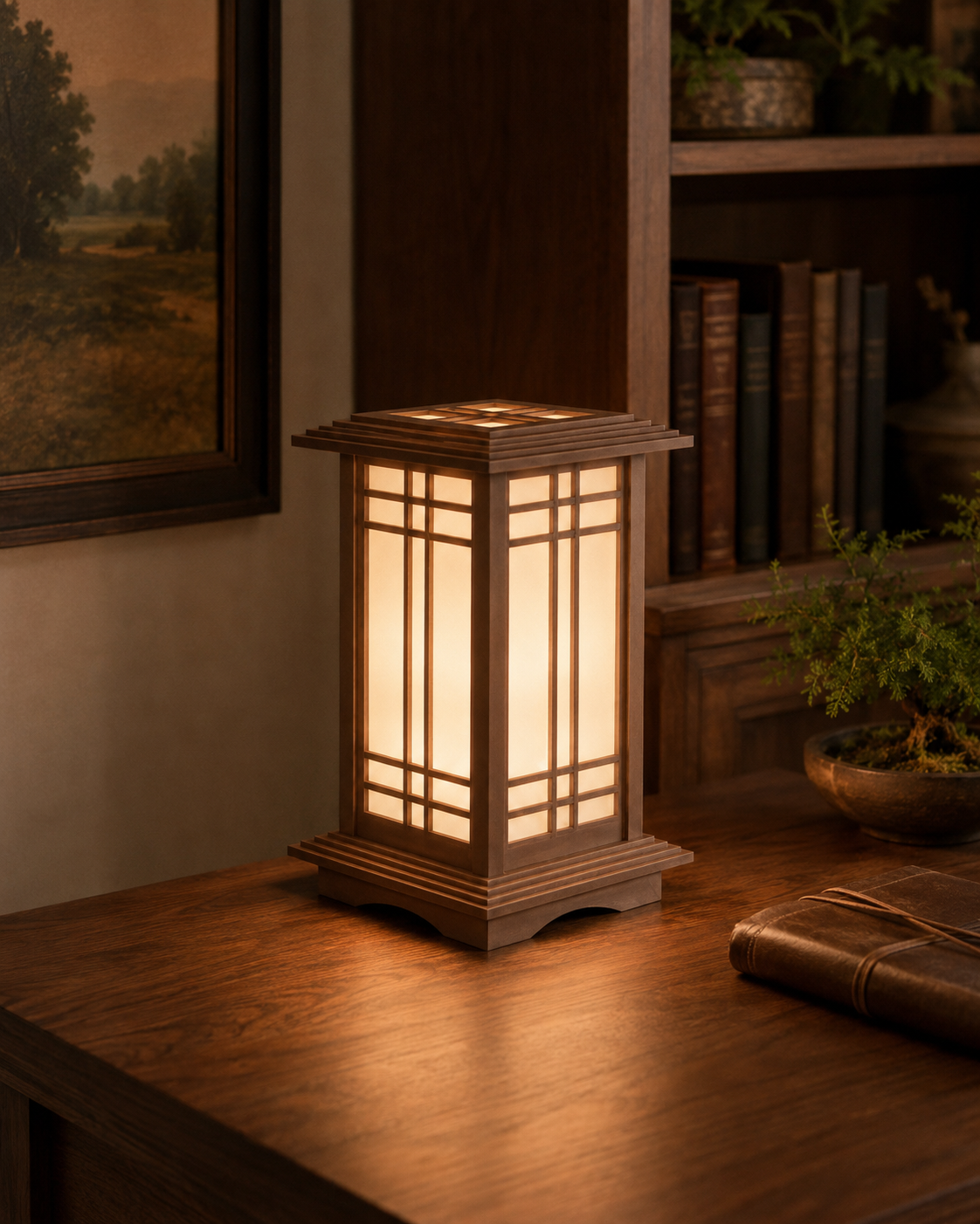 Mission Walnut Kyoto Shoji lamp glowing beside books on a wooden table