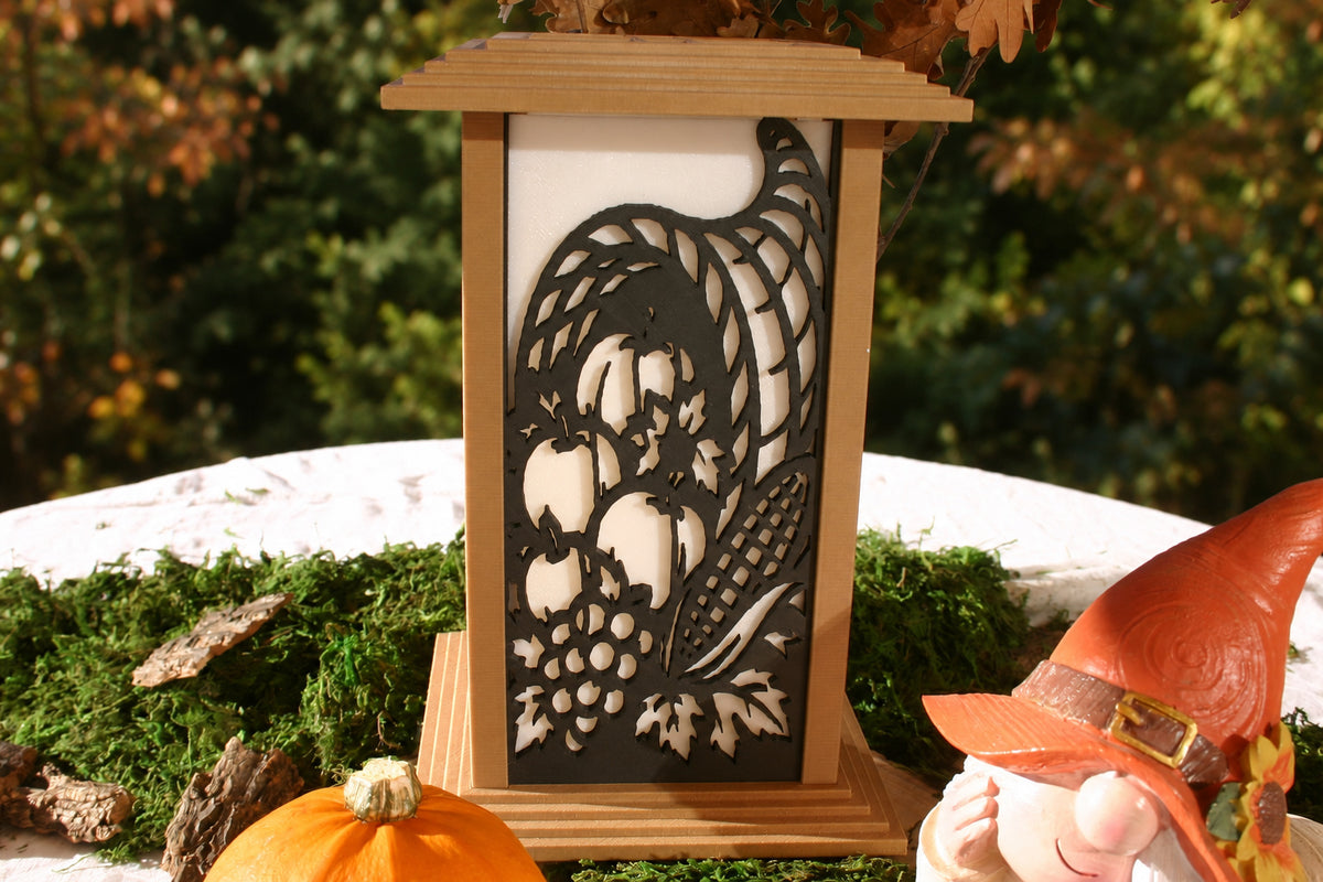 Autumn Cornucopia interchangeable wall panel displayed on a Kyoto Lamp