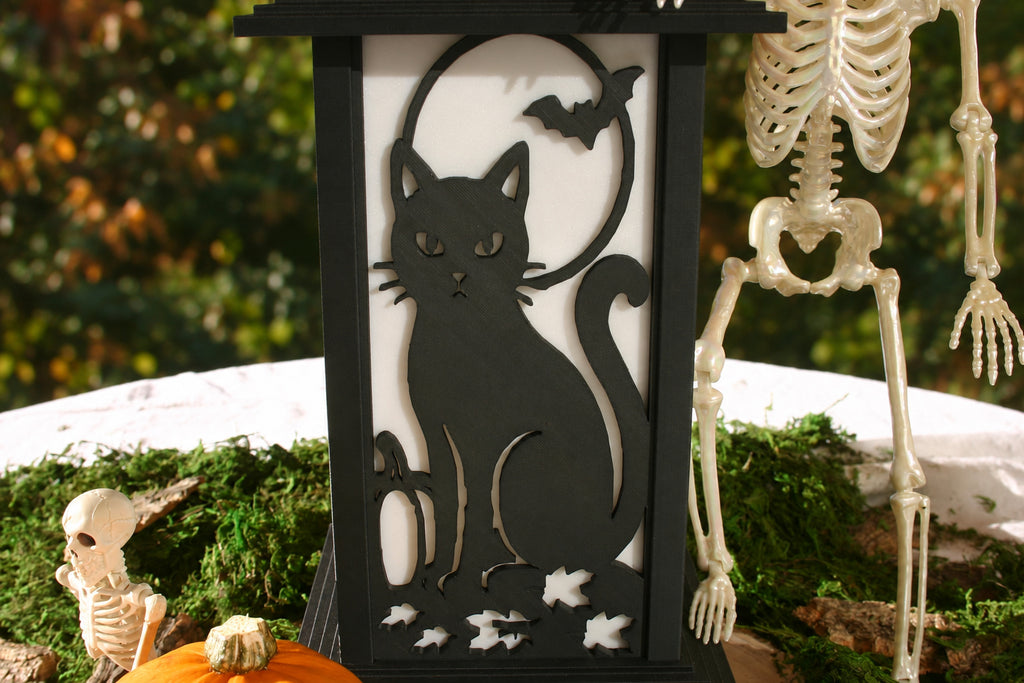Black Cat and Moon interchangeable Halloween wall panel displayed on a Kyoto Lamp