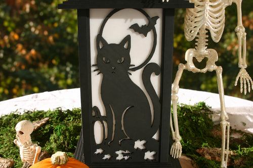 Black Cat and Moon interchangeable Halloween wall panel displayed on a Kyoto Lamp
