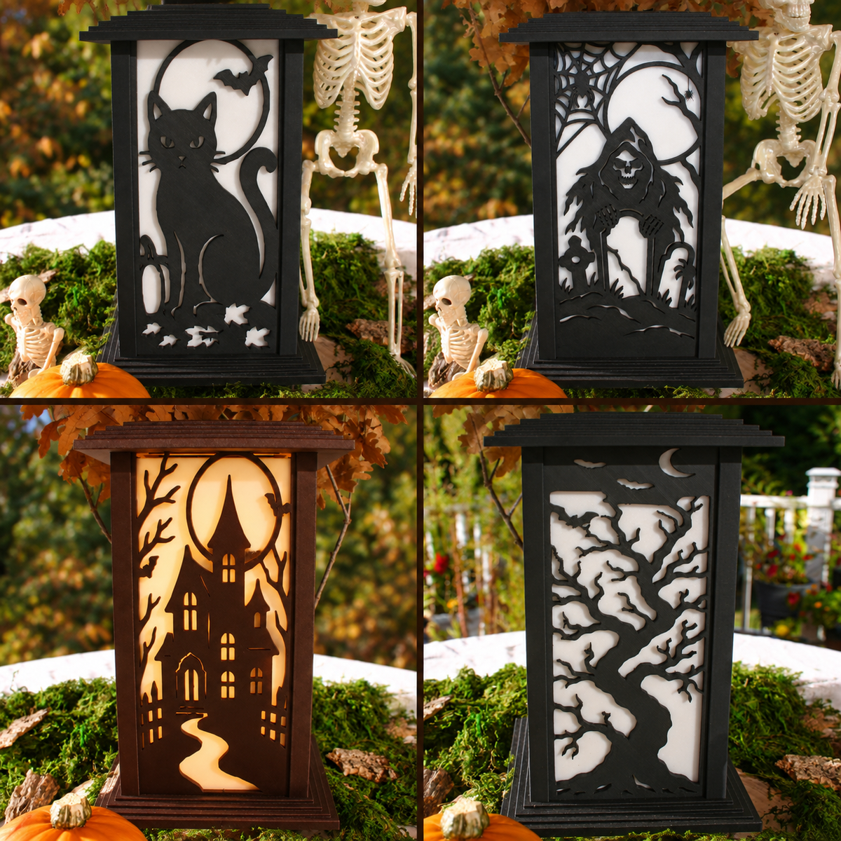 Four-photo collage of Kyoto lamps with Black Cat & Moon, Graveyard Moonrise, Haunted House and Tree & Bats panels