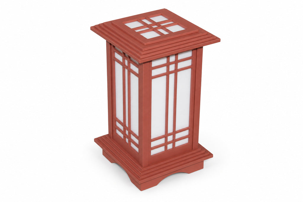 Side view of the Heritage Cherry Kyoto Shoji lamp showing its lattice frame and layered base