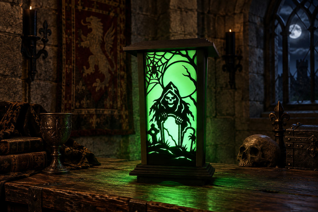 A gothic-style illuminated lantern with a green-lit skeleton and graveyard design, displayed on a wooden table in a dark, atmospheric room with candles, tapestry, and a skull nearby.