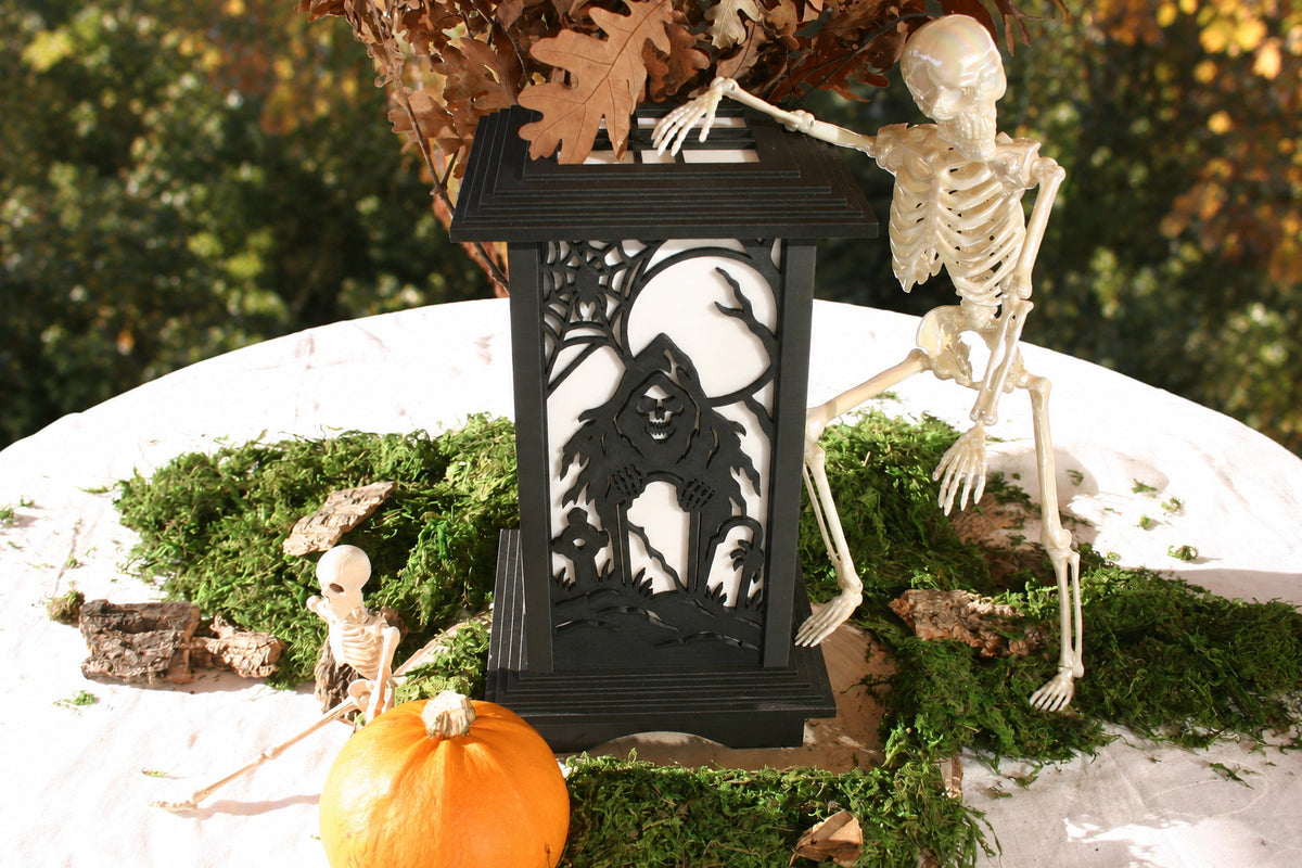 Kyoto Lamp with Graveyard Moonrise Halloween wall panel in an autumn display