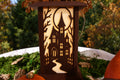 Haunted House interchangeable Halloween wall panel illuminated on a Kyoto Lamp