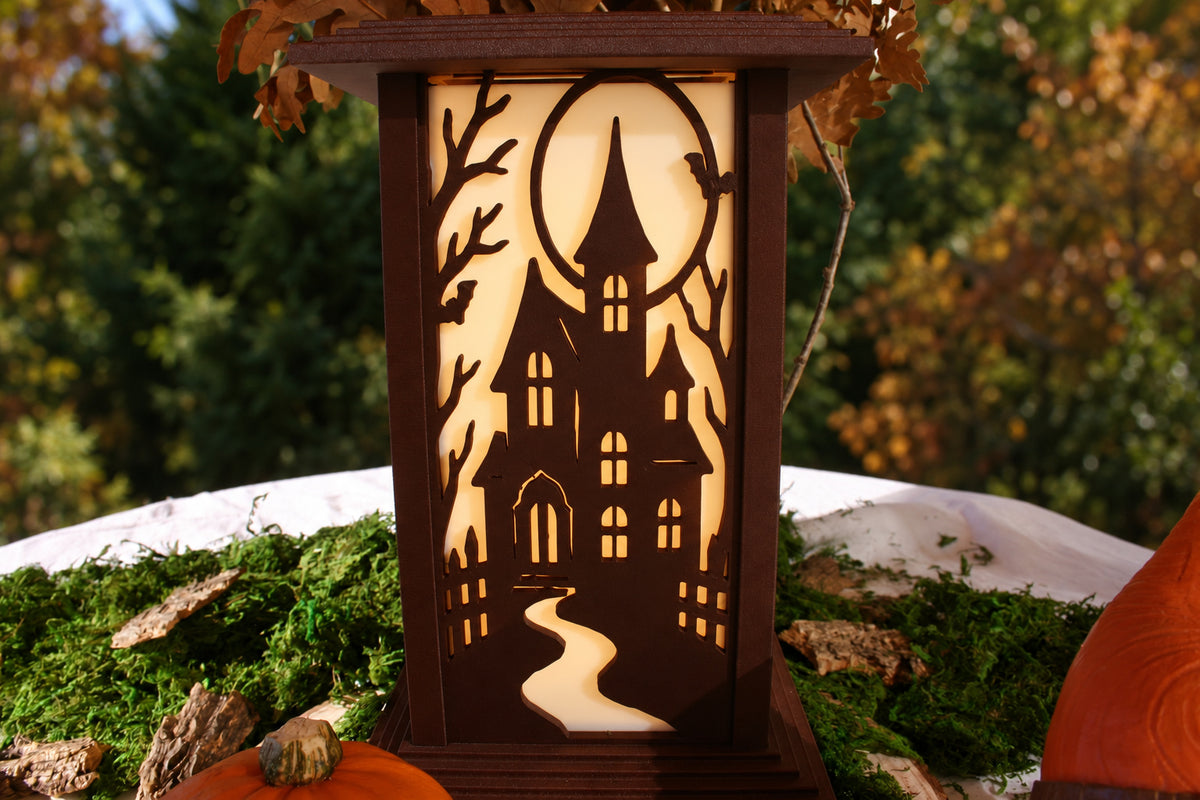 Haunted House interchangeable Halloween wall panel illuminated on a Kyoto Lamp