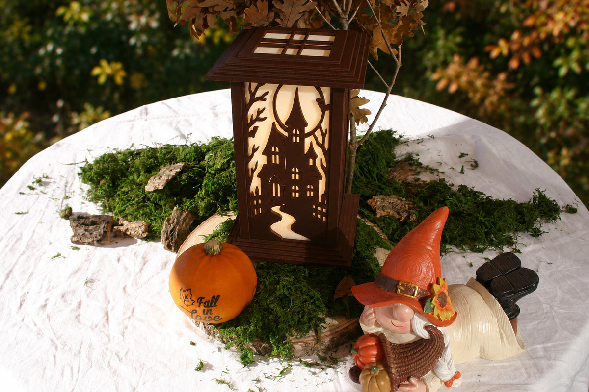 Kyoto Lamp with Haunted House Halloween wall panel in an autumn display