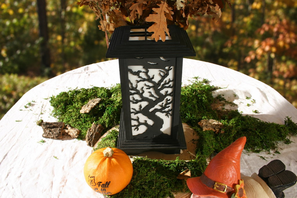 Kyoto Lamp with Tree and Bats Halloween wall panel in an autumn display