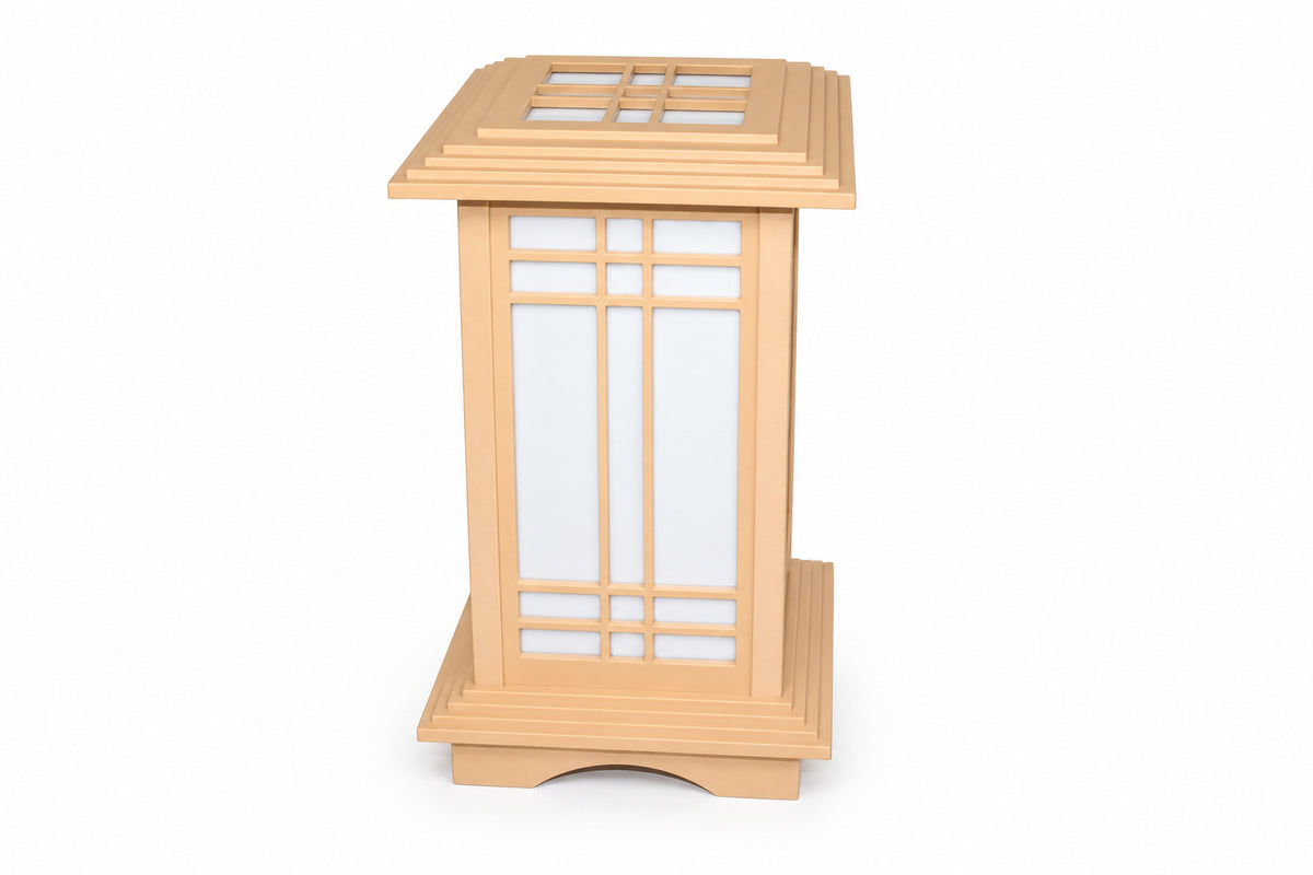 Front view of the Natural Maple Kyoto Shoji lamp with its architectural roof visible