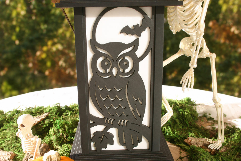 Close view of the Moonlit Owl & Bat panel on a Kyoto lamp, showing an owl beneath a moon and bat