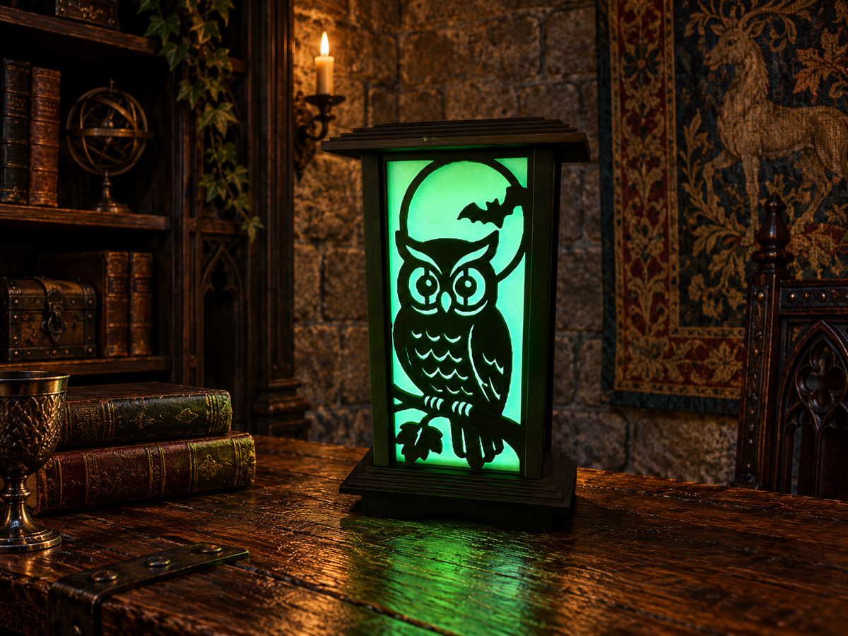 Moonlit Owl & Bat Kyoto lamp panel with glow-in-the-dark diffuser illumination