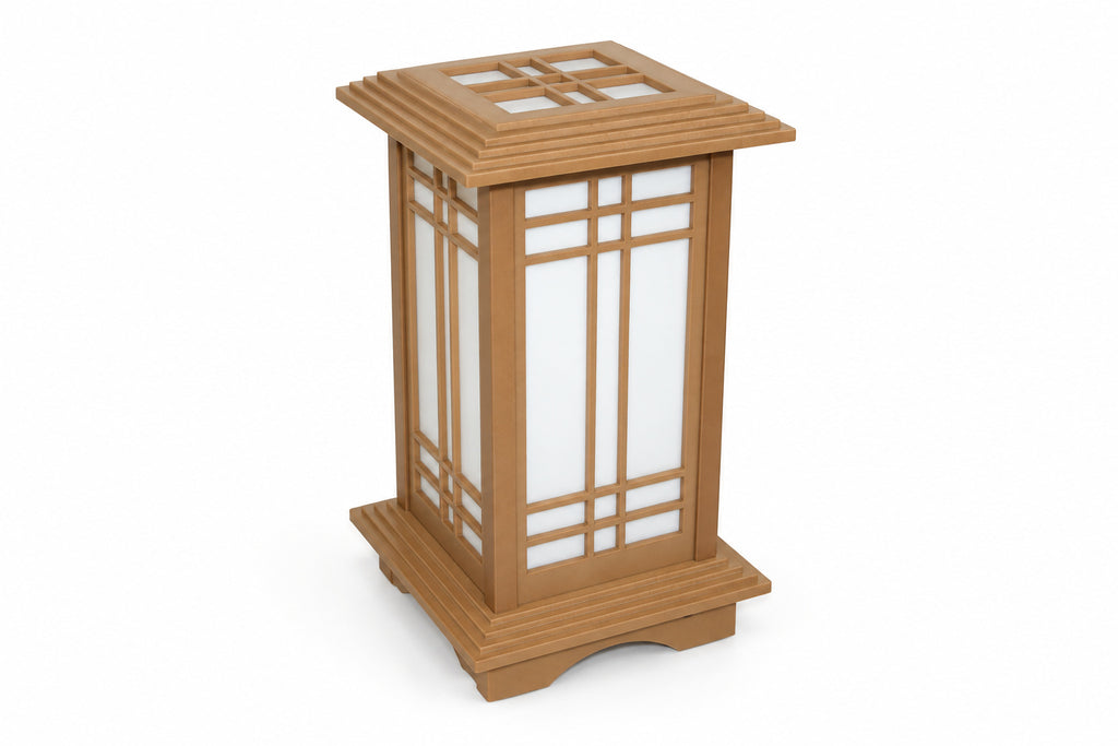 Prairie Pine Kyoto shoji-style table lamp with white diffuser panels, viewed at an angle