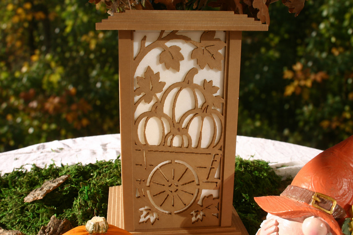 Pumpkin Wagon interchangeable autumn wall panel displayed on a Kyoto Lamp
