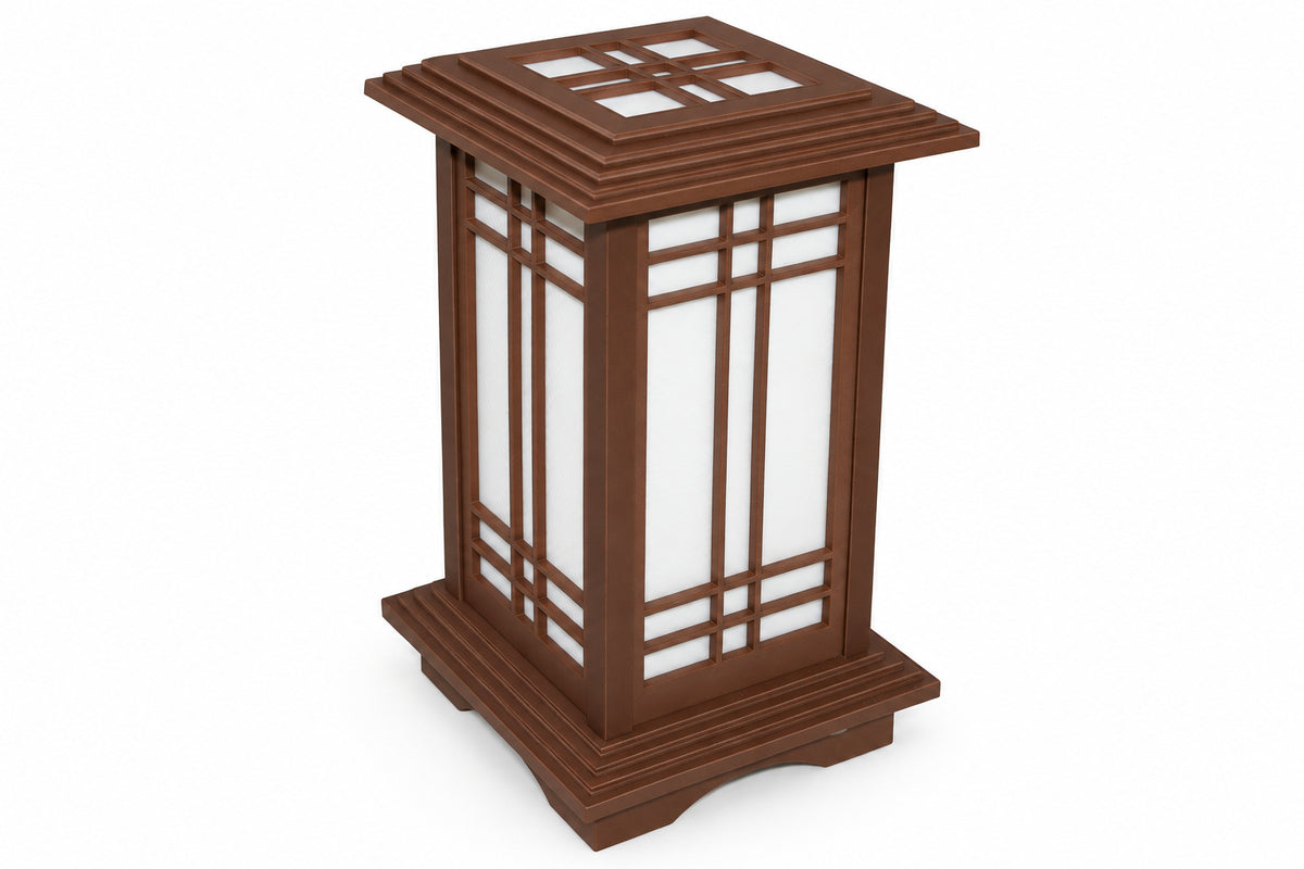Side view of the Mission Walnut Kyoto Shoji lamp showing its latticework and layered base