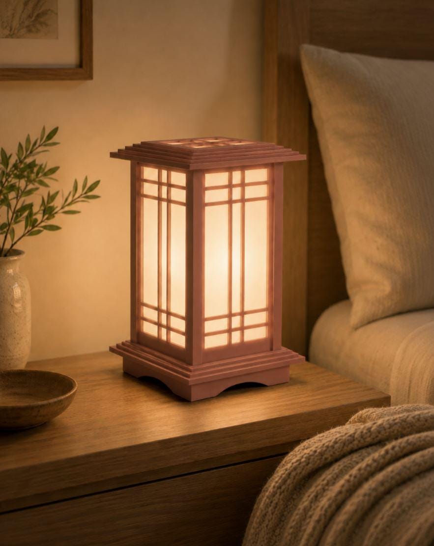 The Prairie Beacon table lantern pairs an inviting wood-tone finish with the sculptural elegance of American-inspired architecture. Slender corner posts, intricate geometric latticework, and translucent panels rise from a square base to a gracefully overhanging roof. Thoughtfully designed and 3D printed, its layered details create a distinctive statement piece, bringing warmth, character, and architectural beauty to a bedside table, bookshelf, or favorite corner.