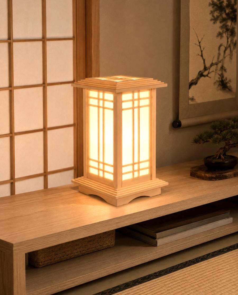 The Prairie Beacon table lantern pairs an inviting wood-tone finish with the sculptural elegance of American-inspired architecture. Slender corner posts, intricate geometric latticework, and translucent panels rise from a square base to a gracefully overhanging roof. Thoughtfully designed and 3D printed, its layered details create a distinctive statement piece, bringing warmth, character, and architectural beauty to a bedside table, bookshelf, or favorite corner.