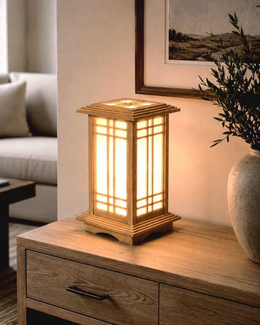 The Prairie Beacon table lantern pairs an inviting wood-tone finish with the sculptural elegance of American-inspired architecture. Slender corner posts, intricate geometric latticework, and translucent panels rise from a square base to a gracefully overhanging roof. Thoughtfully designed and 3D printed, its layered details create a distinctive statement piece, bringing warmth, character, and architectural beauty to a bedside table, bookshelf, or favorite corner.