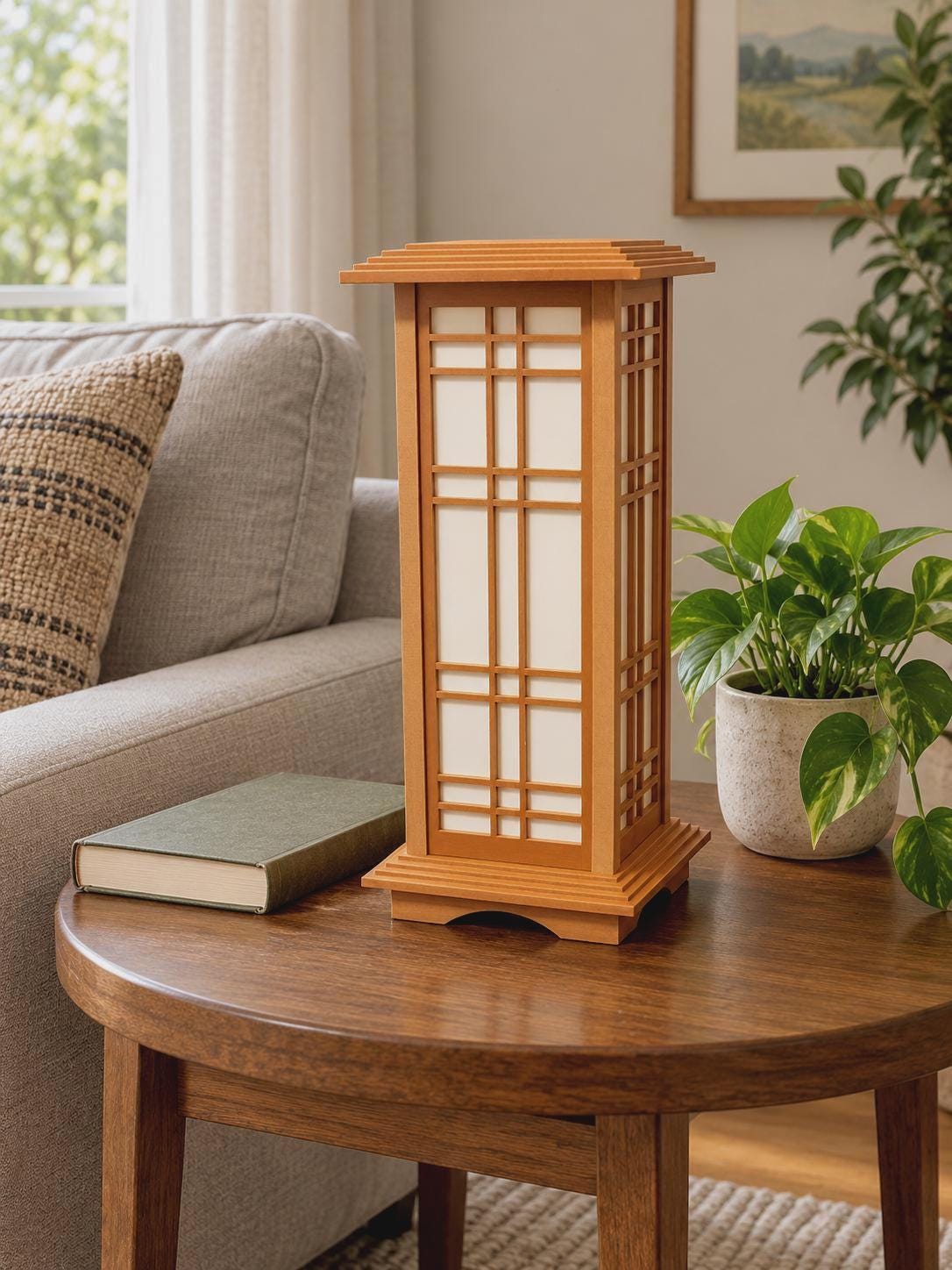 Prairie Beacon Gallery wood lantern in Maple, with a tall grid frame, white diffusion panels, and tiered top and base.