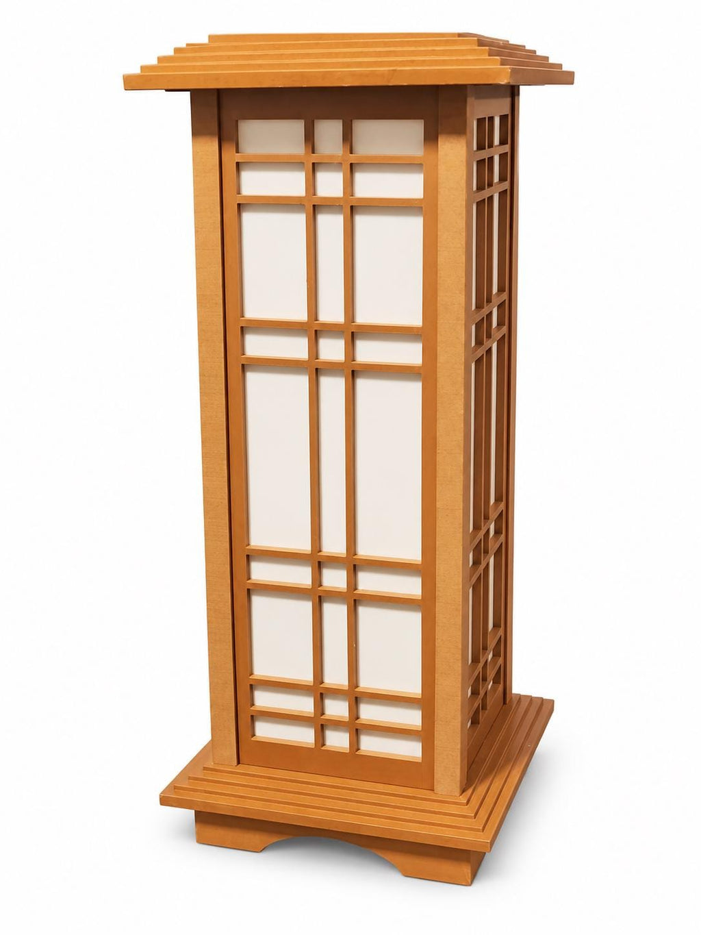 Prairie Beacon Gallery wood lantern showing its 15-inch rectangular frame, translucent panels, and matching tiered top and base.