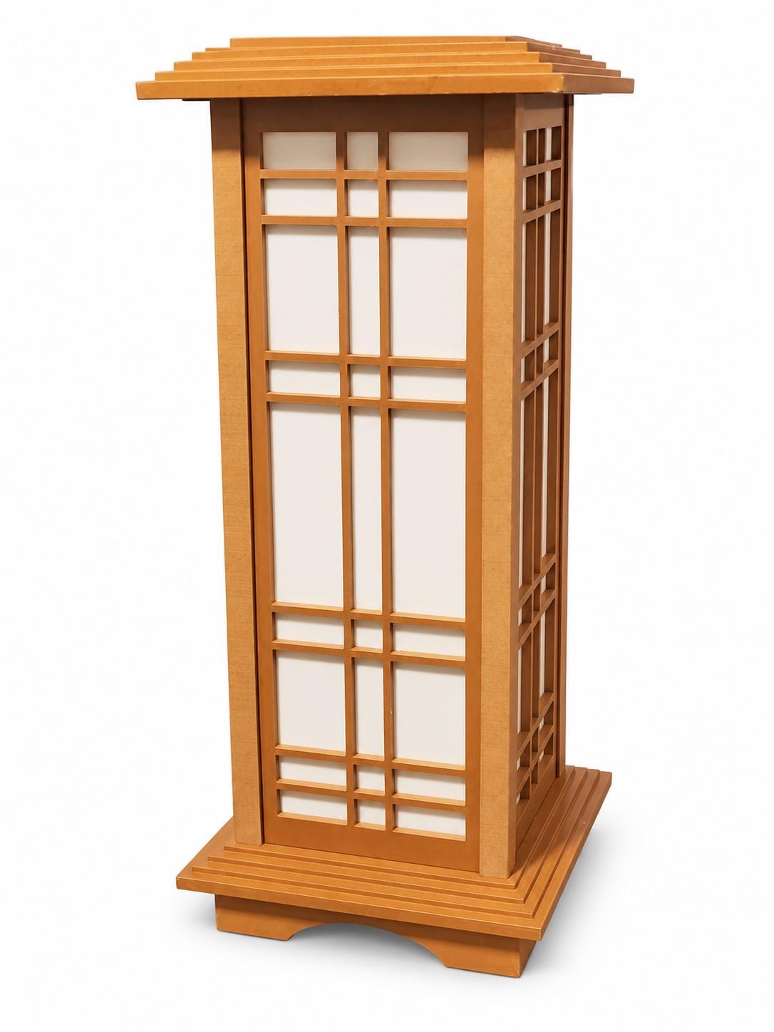 Prairie Beacon Gallery wood lantern showing its 15-inch rectangular frame, translucent panels, and matching tiered top and base.